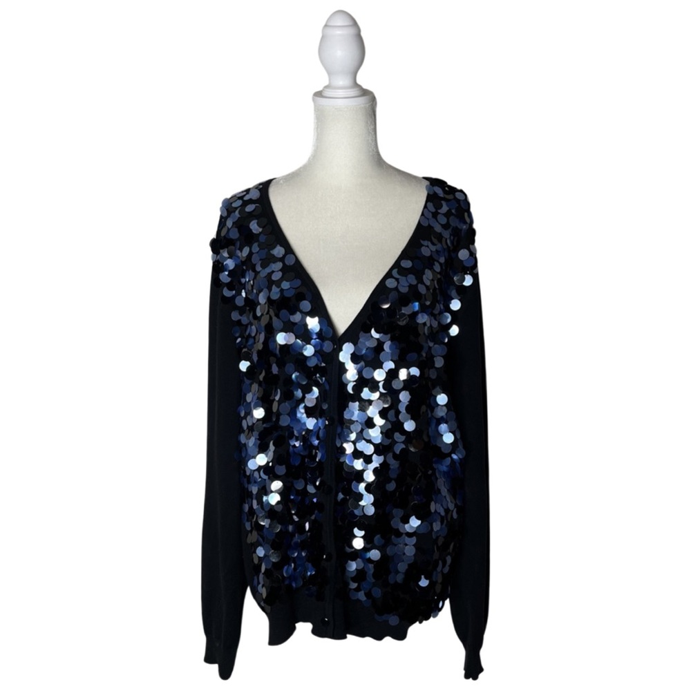 Pre-loved St. John Navy Sequin Silk Blend Cardigan Sweater Blue Size XL